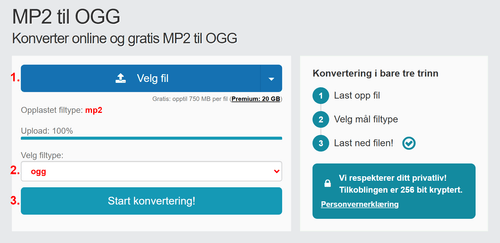 Hvordan konvertere MP2 filer online til OGG