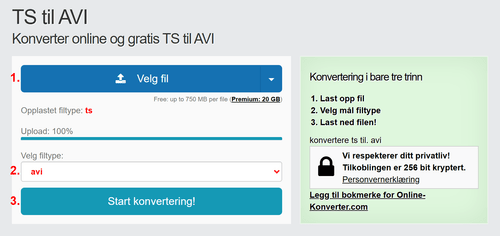 Hvordan konvertere TS filer online til AVI